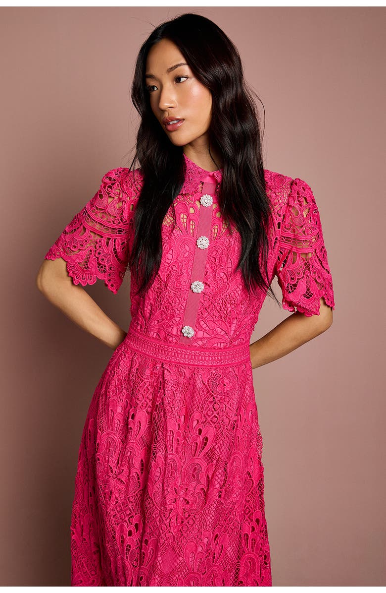 Coast Short Sleeve Collared Lace Midi Dress, Alternate, color, Raspberry