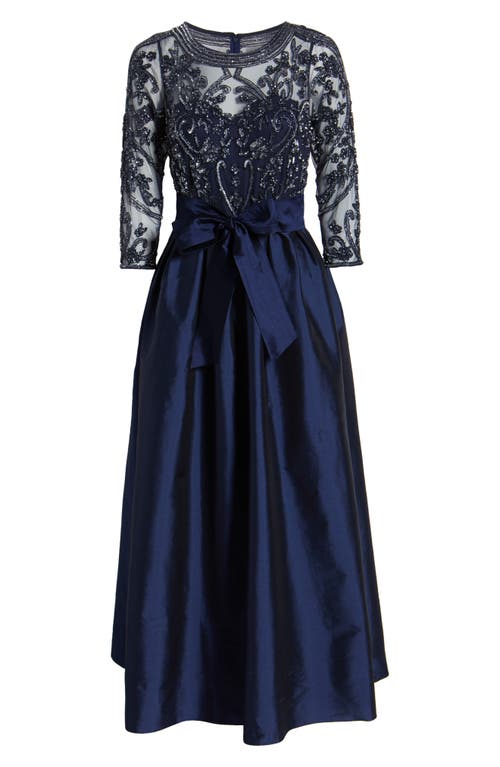Pisarro Nights Beaded Illusion Neck Taffeta Cocktail Dress In Navy