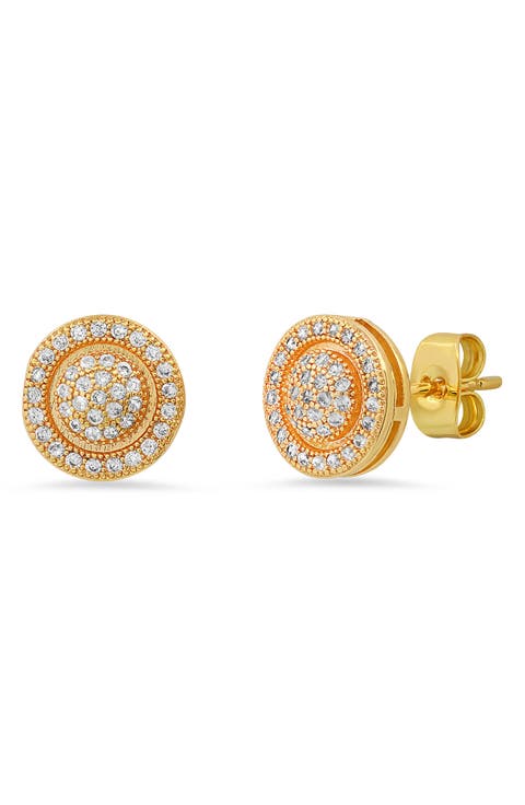 Round Pave Simulated Diamond Stud Earrings