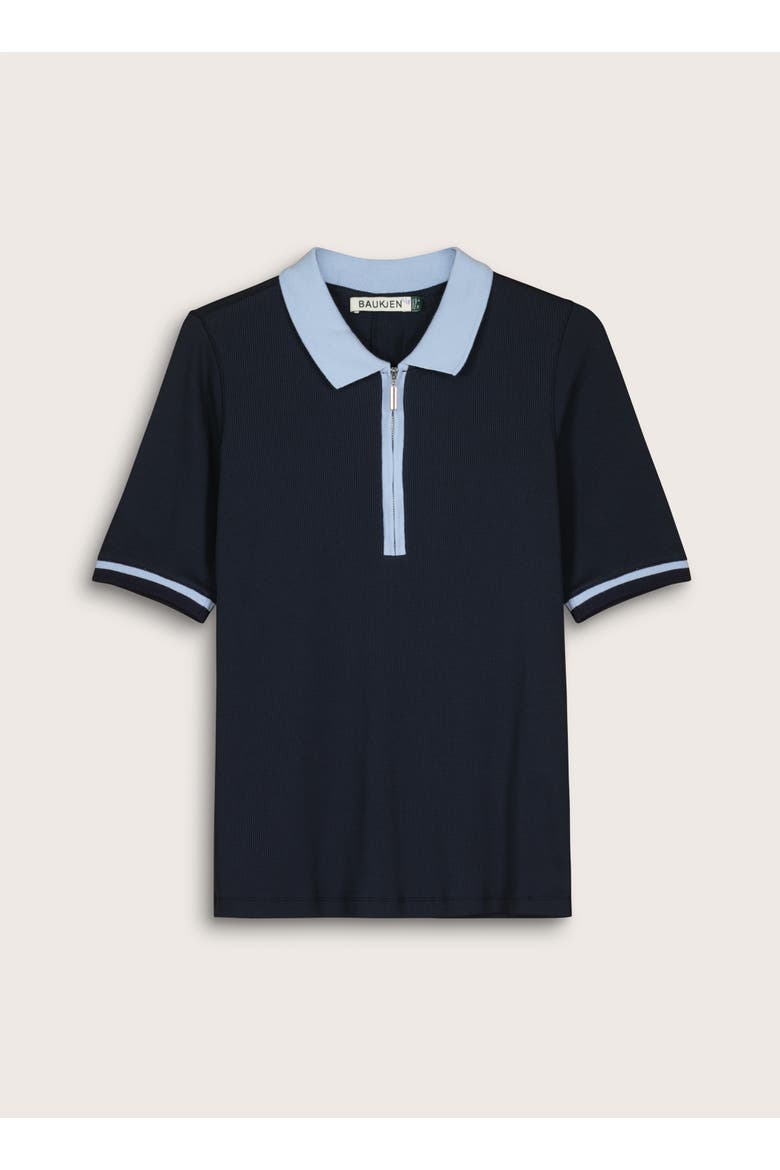 Lydia Cotton Rib Zip Collar Top, Alternate, color, Navy & Ice Blue
