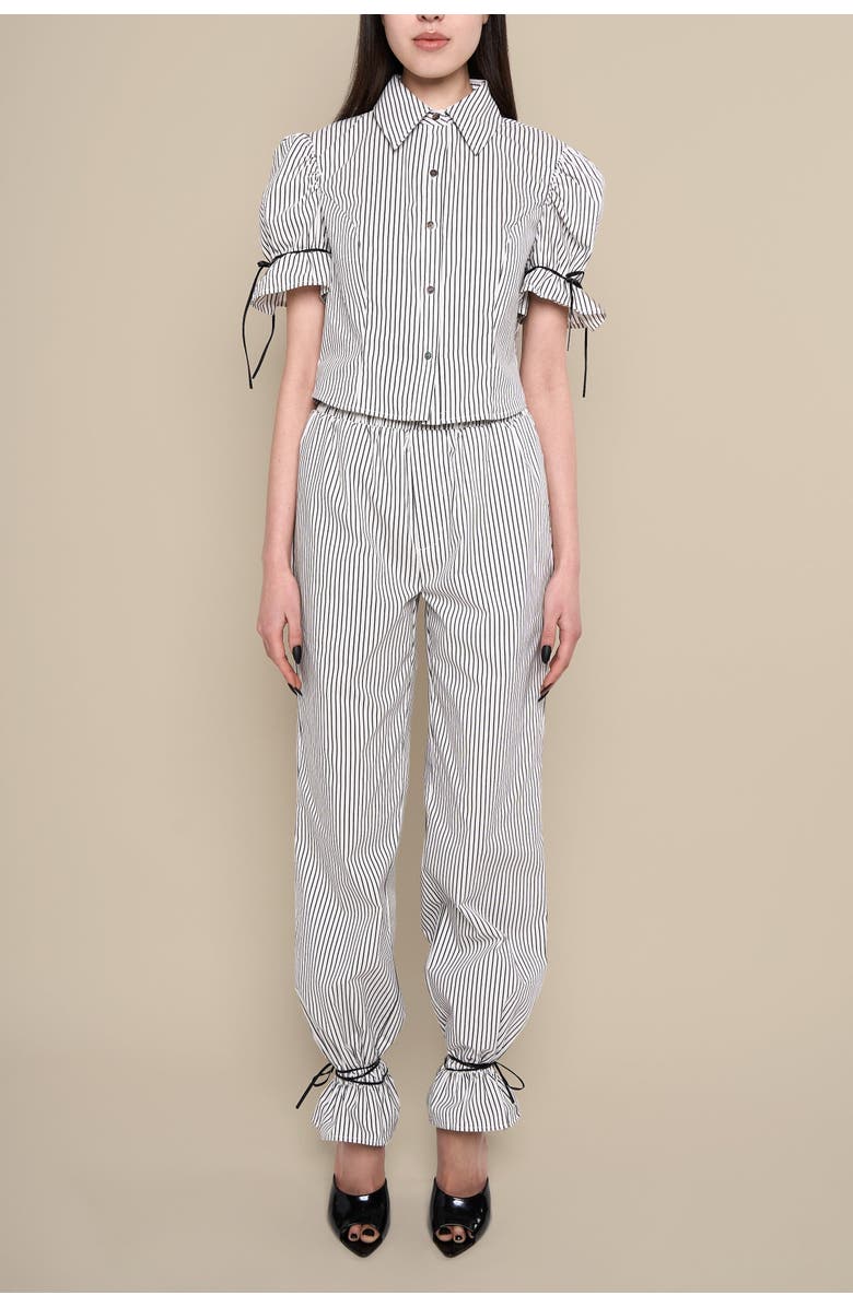 Contessa Mills Thomasin Structured Puff-Sleeve Cotton Oxford Blouse, Alternate, color, Black-White