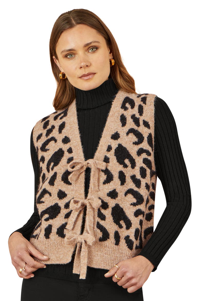 Knitted Cheetah Print Tie Waistcoat, Main, color, Beige