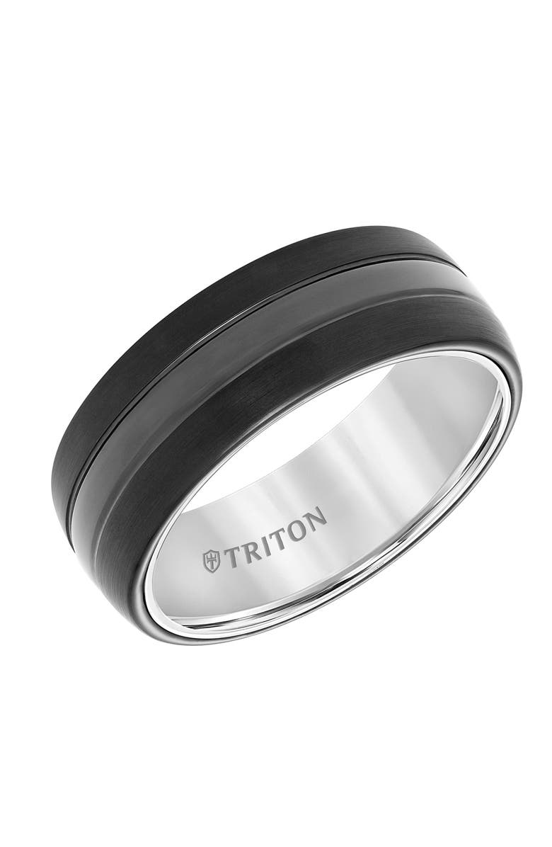 Triton 8MM Tungsten Carbide Band with Satin Finish Center and Black Interior Sleeve with Domed Edge, Main, color, 