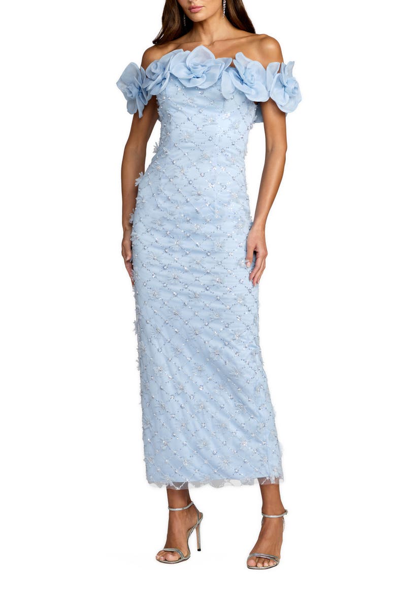 Off The Shoulder Embellished Dress With 3D Flower Detail, Main, color, Powder Blue