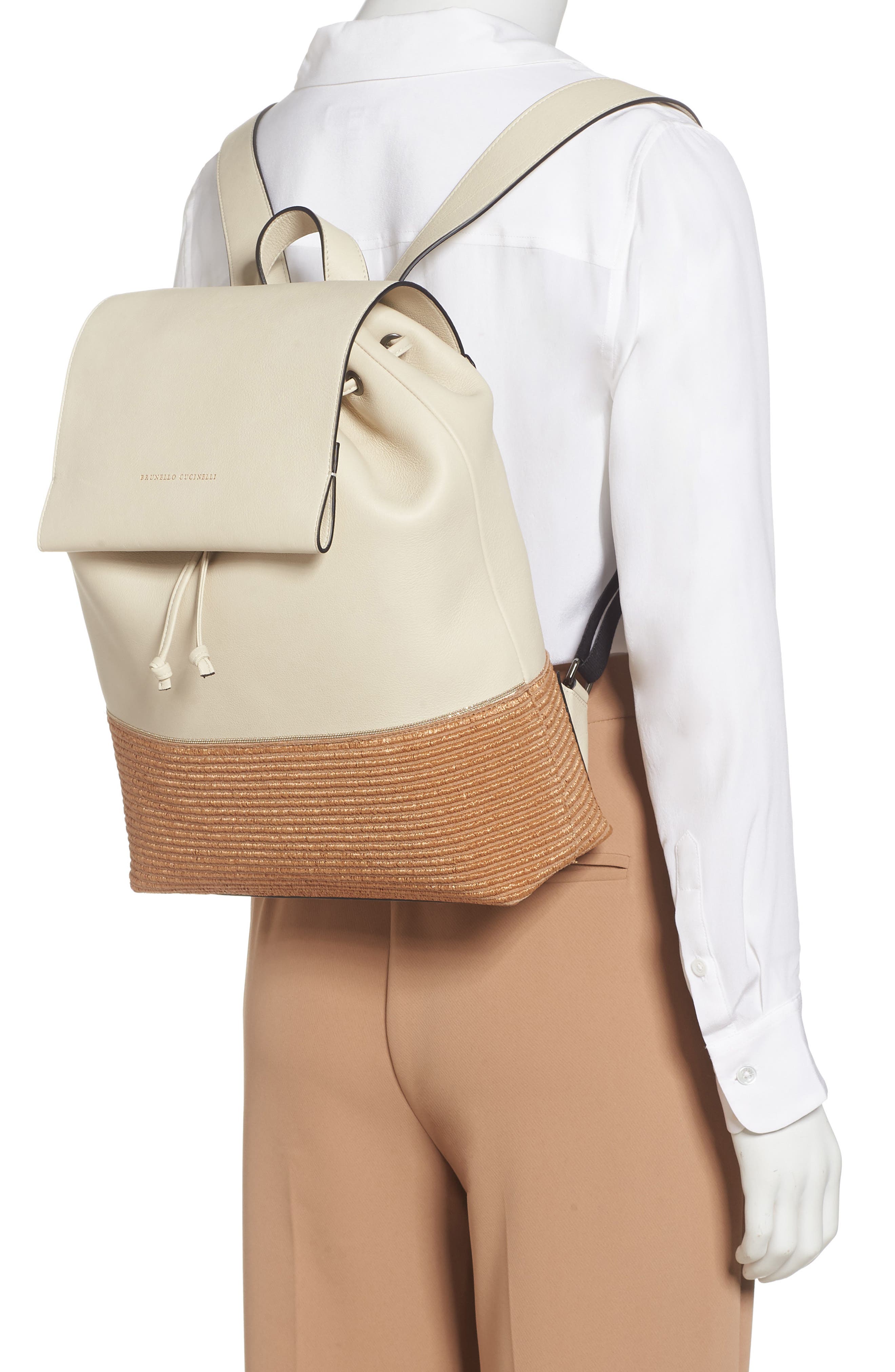 Brunello Cucinelli Monili Leather & Raffia Backpack, Alternate, color, 