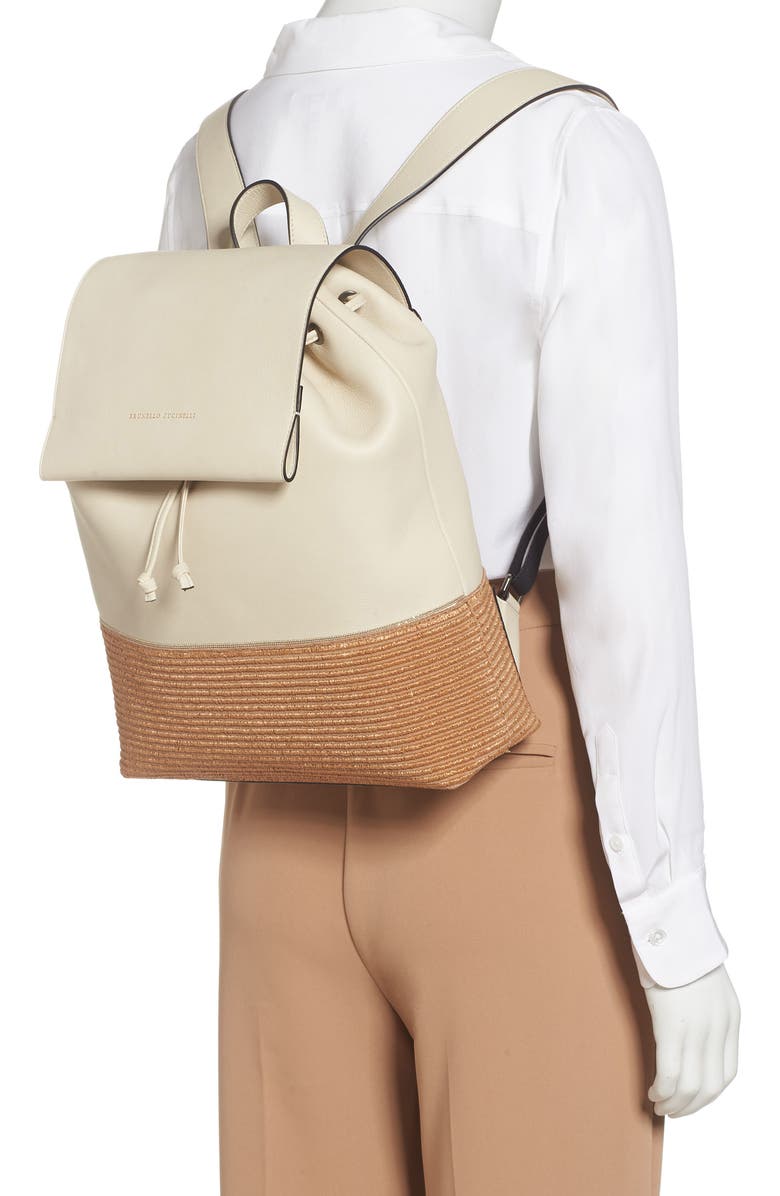 Brunello Cucinelli Monili Leather & Raffia Backpack, Alternate, color,