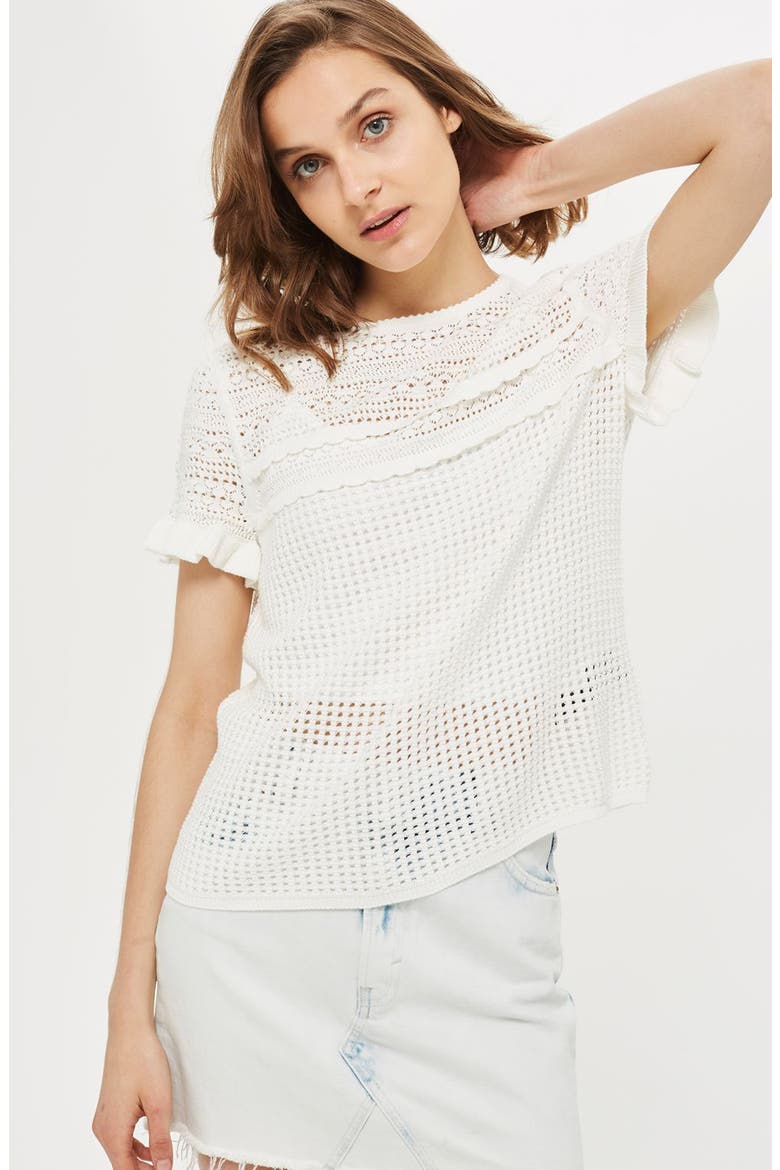Ruffle Sleeve Pointelle Knit Sweater, Alternate, color, IVORY