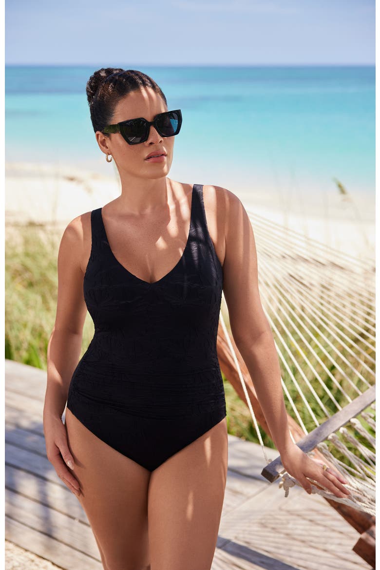 Twist Back One-Piece Swimsuit, Alternate, color, Black Pressed Flowers