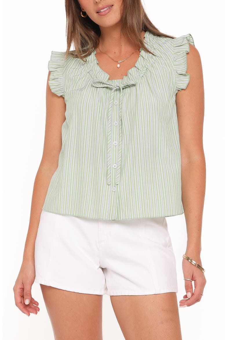 Luisa Ruffle Trim Stripe Shirt, Main, color, GREEN/ WHITE