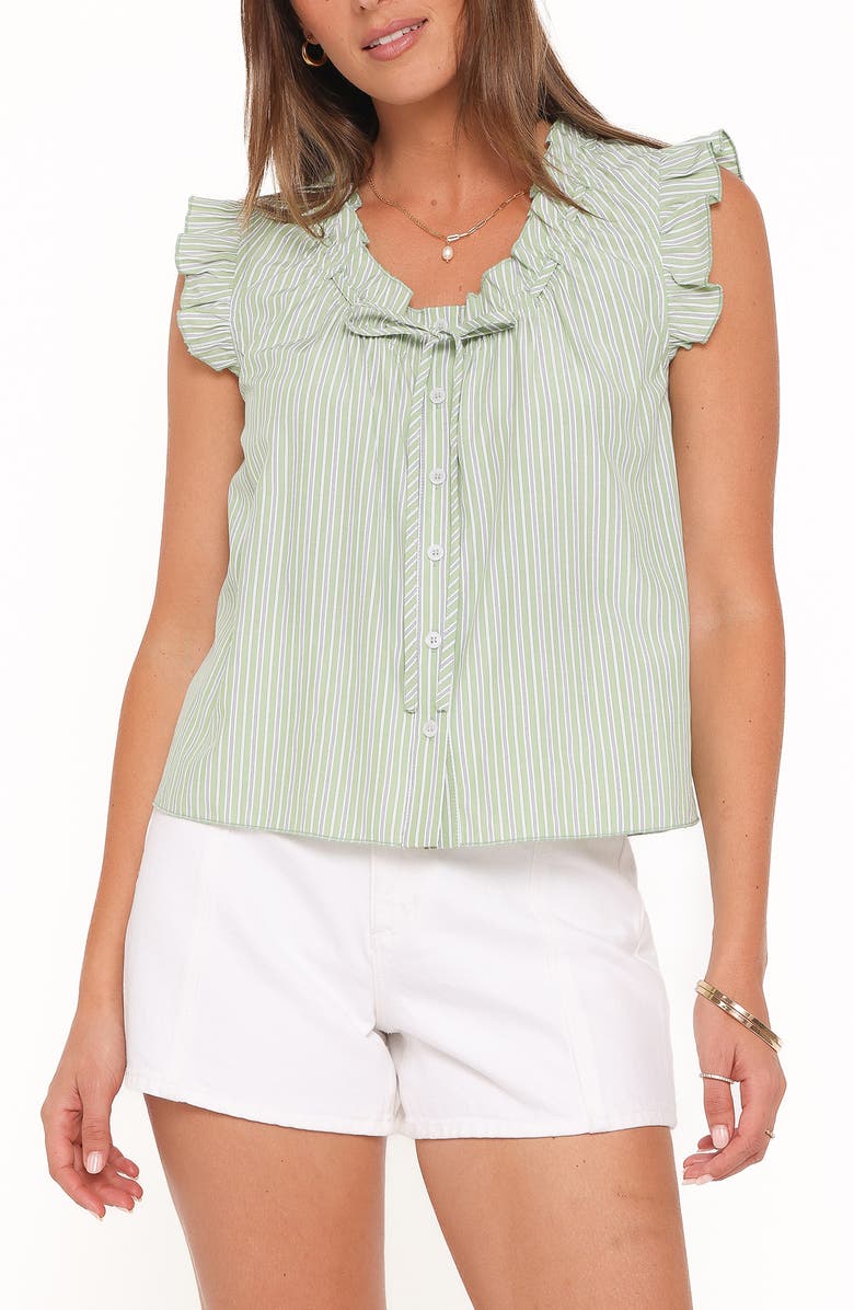 Petal & Pup Luisa Ruffle Trim Stripe Shirt, Main, color, Green/ White