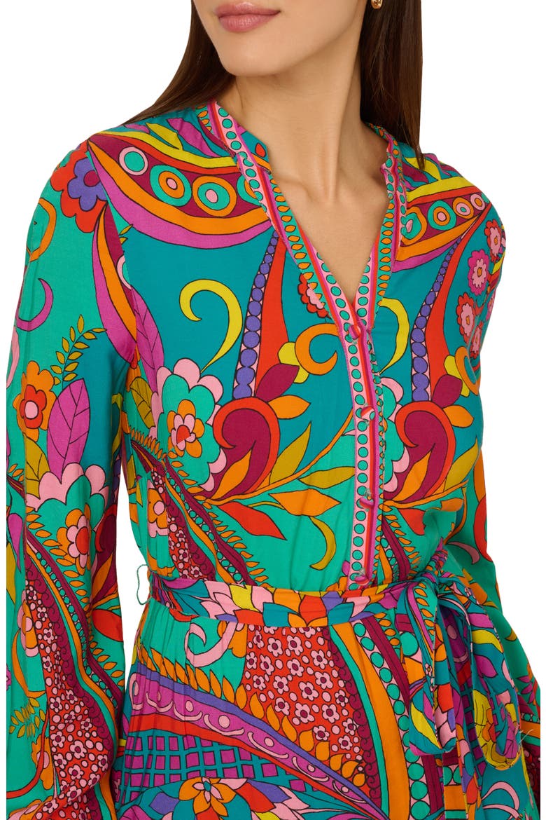 Print Tie Waist Long Sleeve Dress, Alternate, color, TEAL MULTI