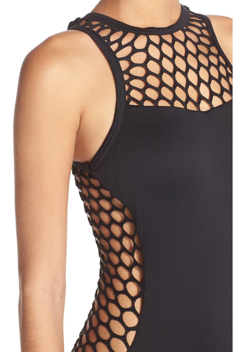 'Mesh About' High Neck One-Piece Swimsuit, Alternate, color, BLACK