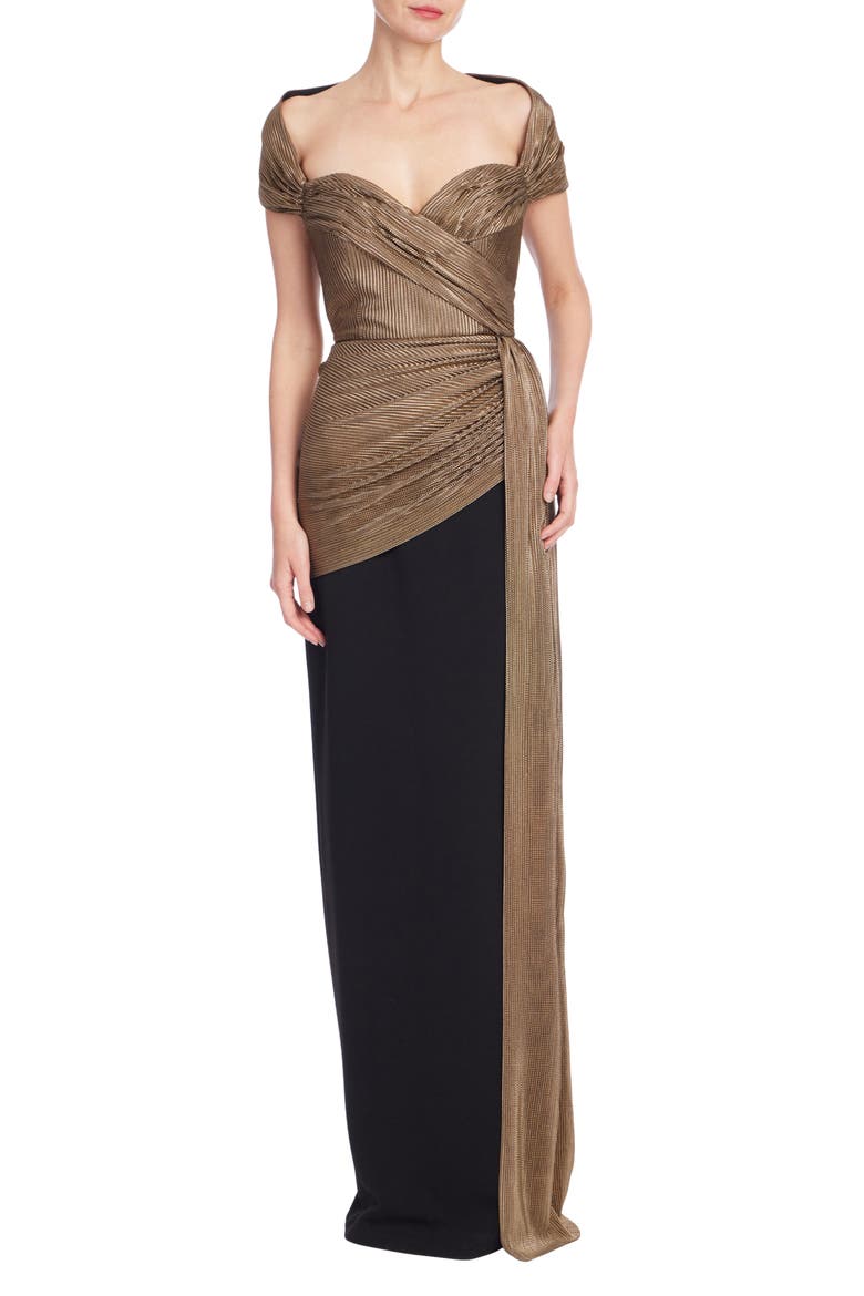 Pleated Lamé Gown, Main, color, BLACK GOLD