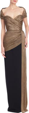Badgley Mischka Collection Pleated Lamé Gown