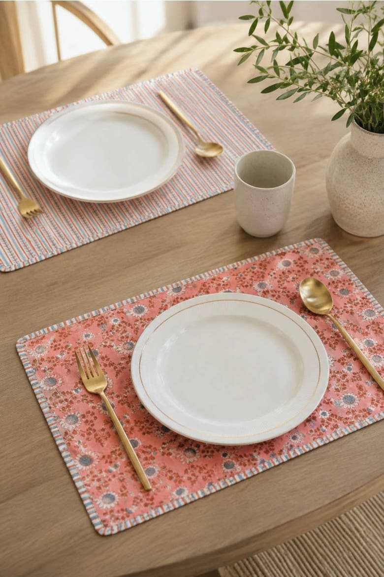 Reversible Block Print Placemats Set of 2, Alternate, color, Terracotta & Blue