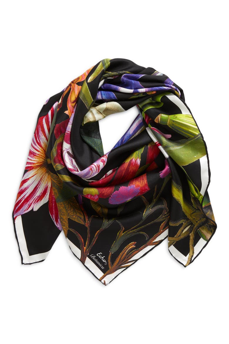 Botanica Silk Square Scarf, Main, color, BLACK