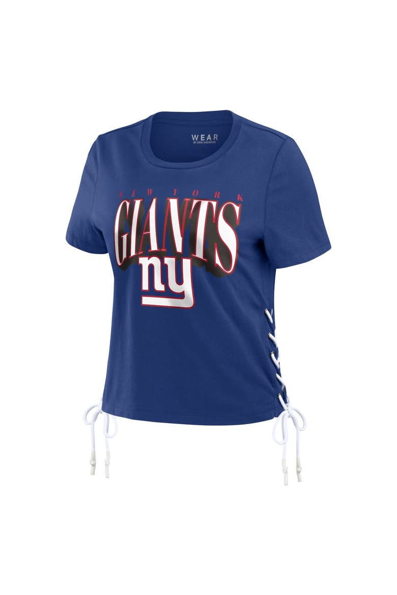 Women's WEAR by Erin Andrews Royal New York Giants Lace Up Side Modest Cropped T-Shirt, Alternate, color, Royal
