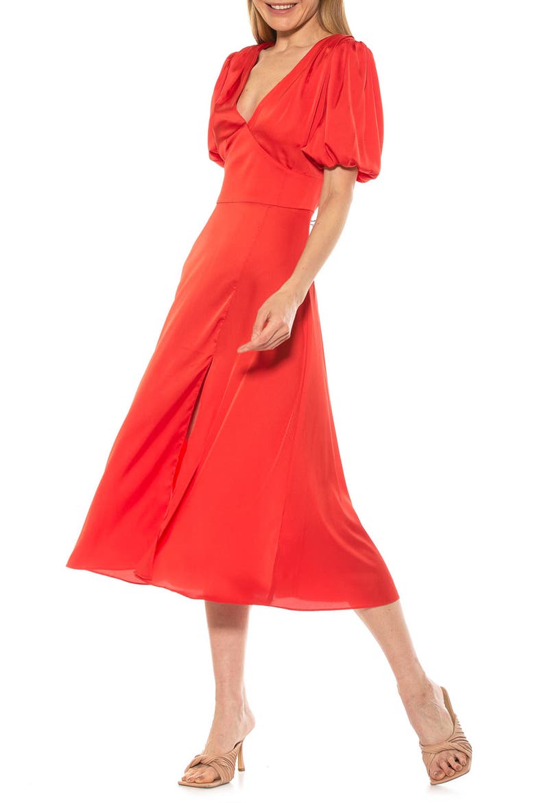 V-Neck Puff Sleeve Midi Dress, Alternate, color, CORAL
