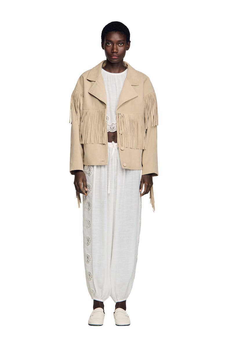 SANDRO Fringed suede jacket, Alternate, color, Beige