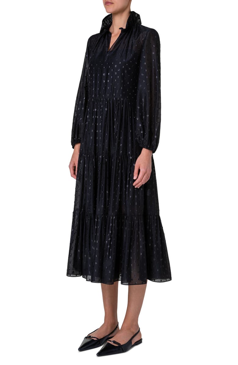 Akris punto Metallic Dot Long Sleeve Organza Midi Dress, Alternate, color, 