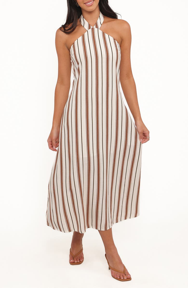 Petal & Pup Katherine Sleeveless Stripe Midi Dress, Main, color, Brown Stripe