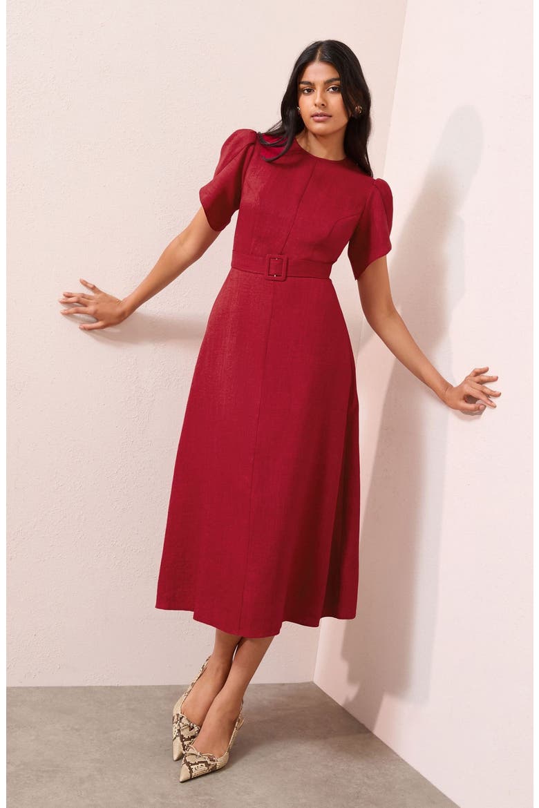 Tulip Sleeve Belted Midi Dress, Alternate, color, BERRY RED