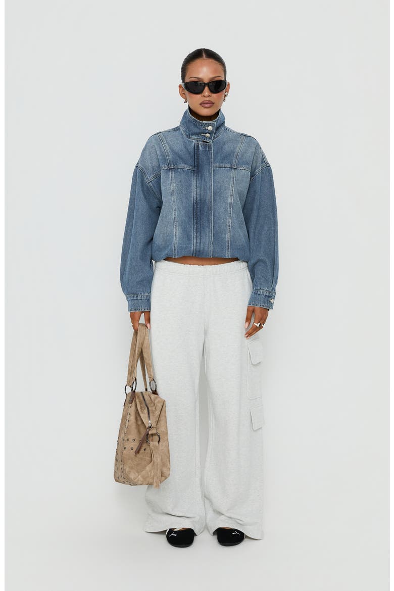 Alfea Funnel Neck Denim Bomber Jacket, Alternate, color, MID BLUE WASH