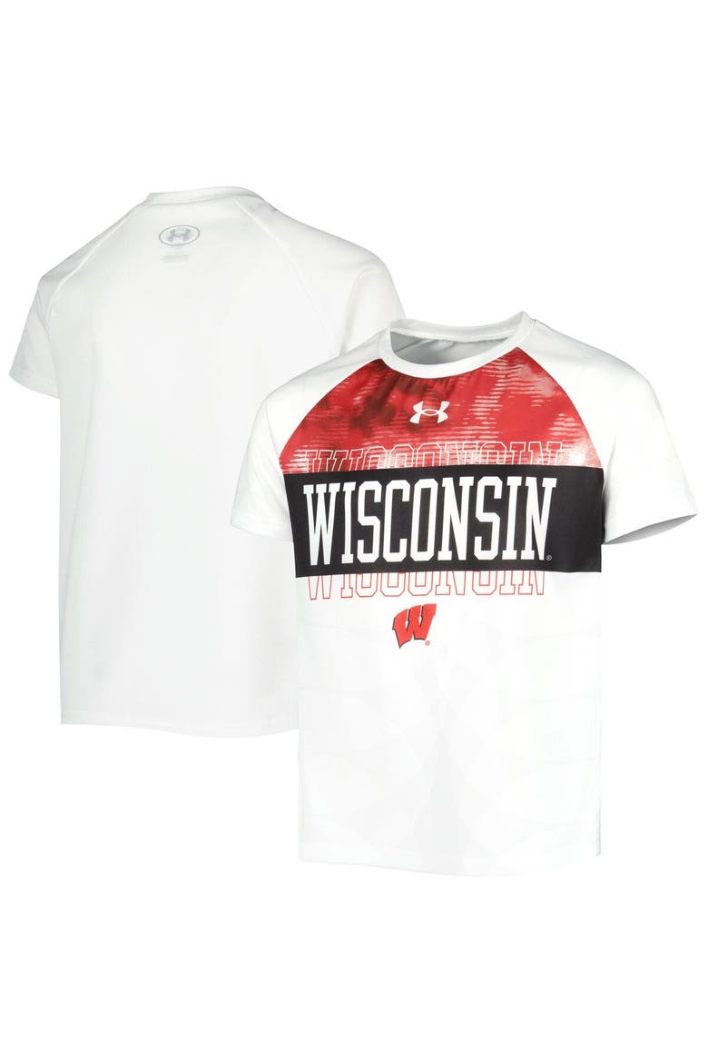 Youth Under Armour White Wisconsin Badgers Gameday Print Raglan T-Shirt, Main, color, White