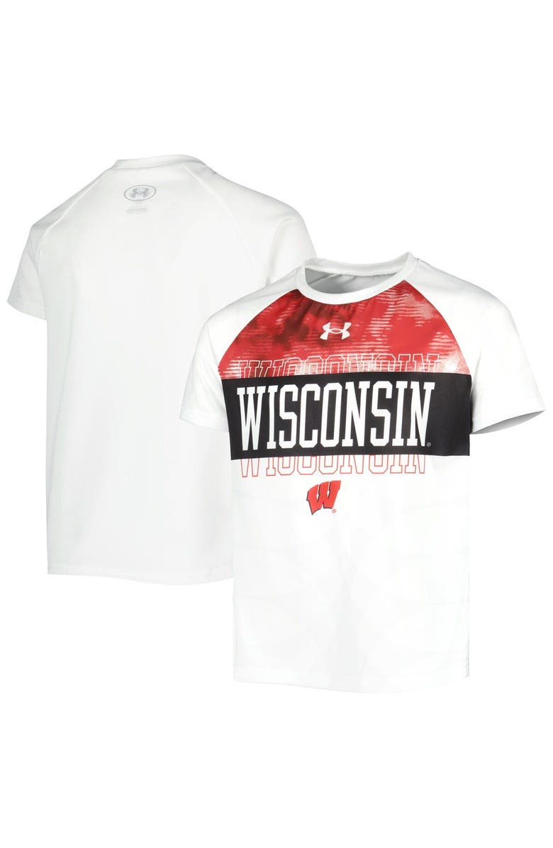 Under Armour Youth Under Armour White Wisconsin Badgers Gameday Print Raglan T-Shirt, Main, color,
