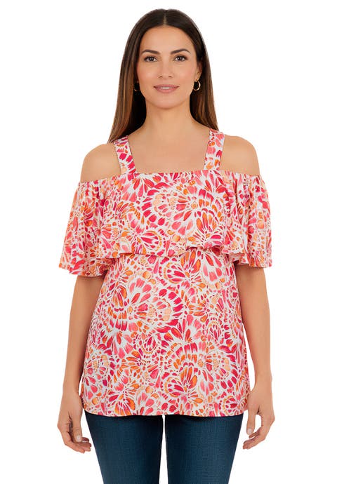 Stretch Knit Cold Shoulder Ruffle Tunic (Plus)