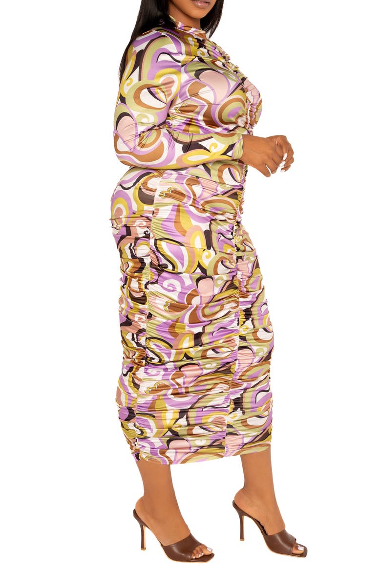 Print Ruched Long Sleeve Midi Body-Con Dress, Alternate, color, PINK MULTI