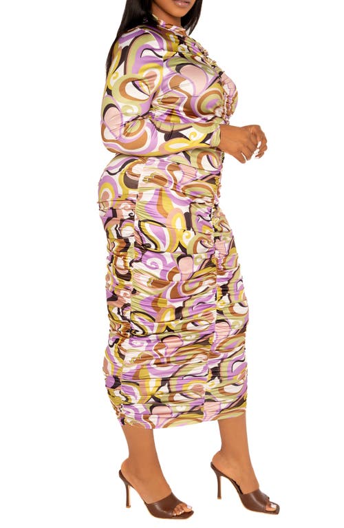 Buxom Couture Print Ruched Long Sleeve Midi Body-con Dress In Multi