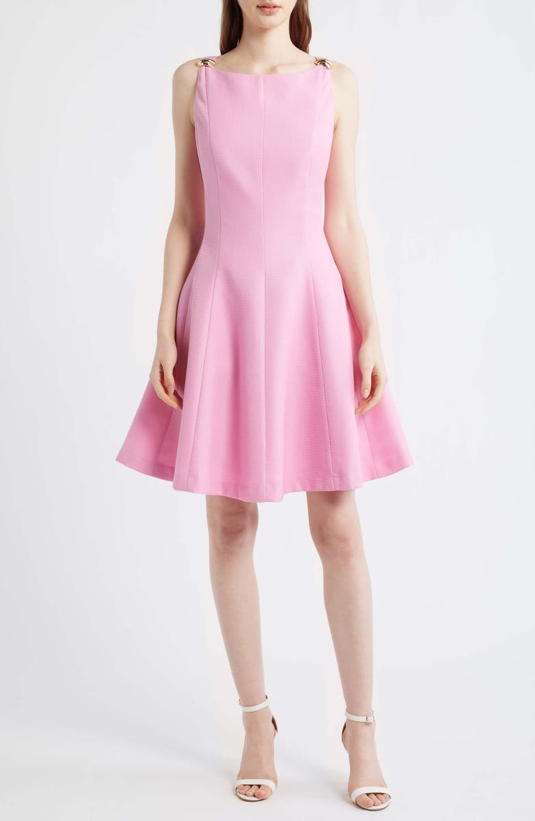 Tahari ASL Bouclé Fit & Glare Dress, Main, color, Flamingo