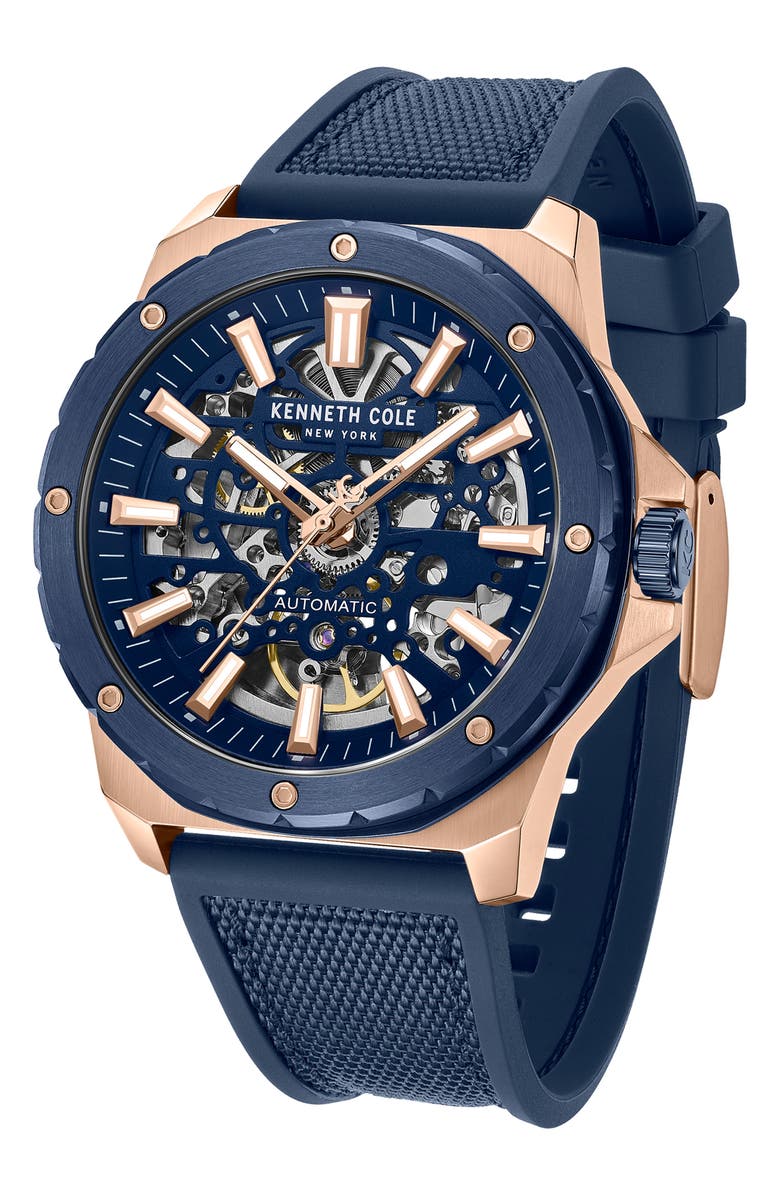 Kenneth Cole New York The Hollis Skeleton Automatic Silicone & Nylon Strap, 45mm, Alternate, color, Navy / Blue Dark