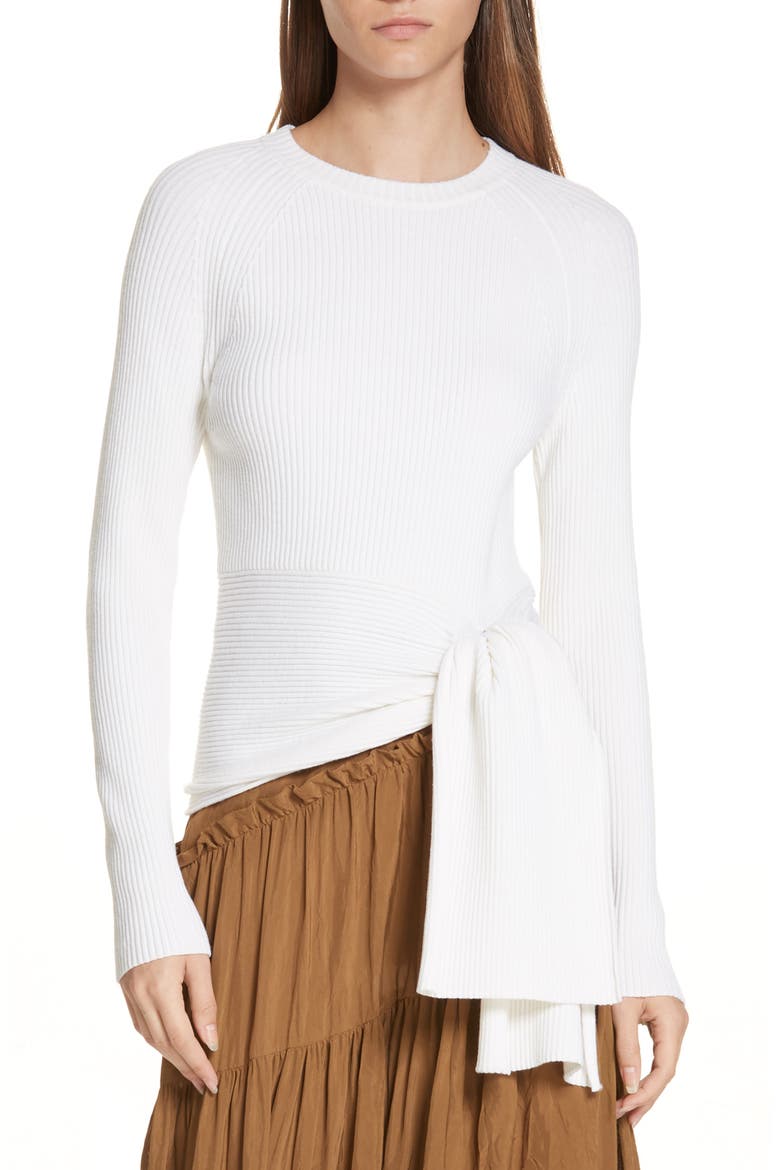Side Tie Rib Knit Pullover, Main, color, WHITE SAND