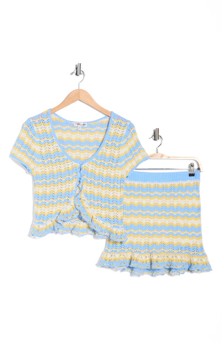 Madden Girl Stripe Pointelle Ruffle Sweater, Main, color, Sky Combo