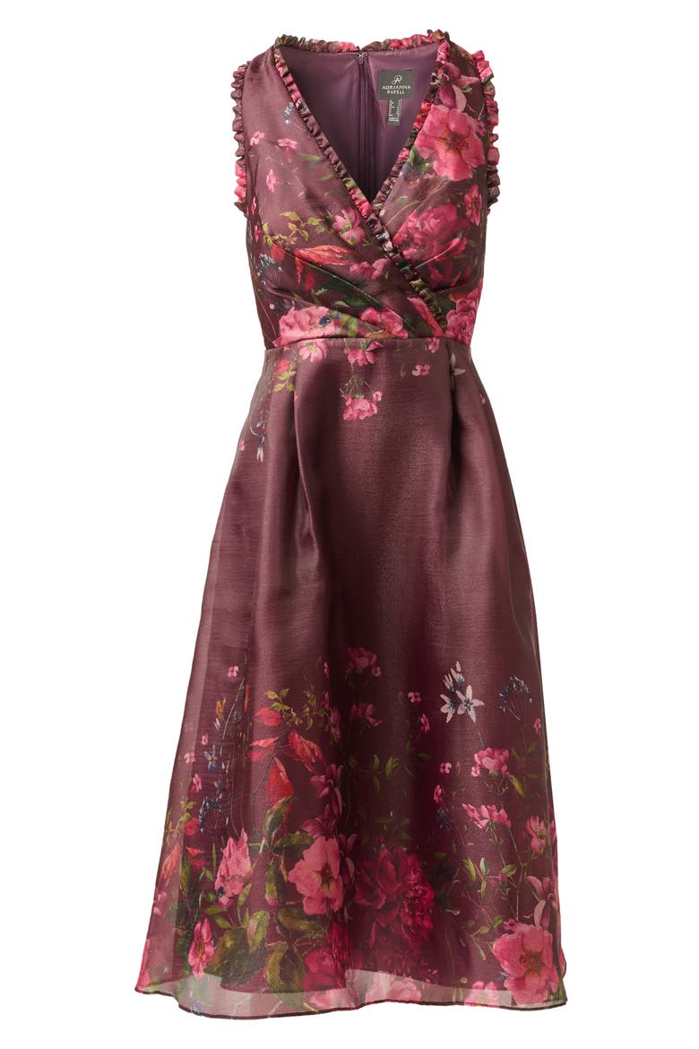 Placed Floral Organza Midi Dress, Alternate, color, BURGUNDY MULTI