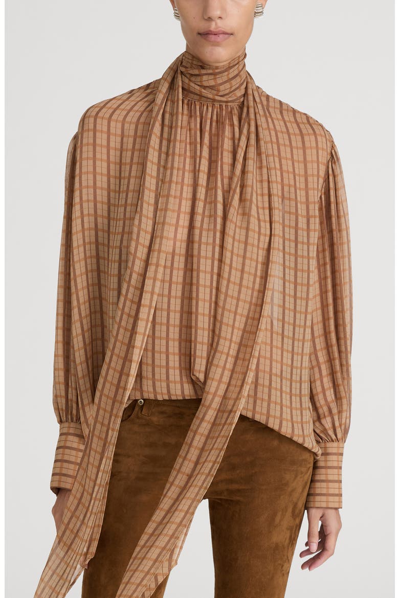 The Lantern Plaid Silk Top, Alternate, color, TAUPE MULTI PLAID