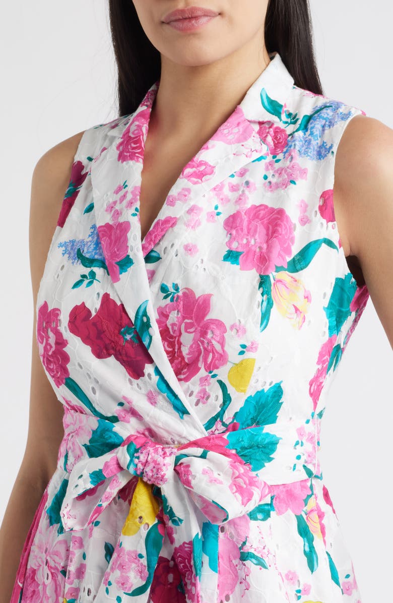 Anne Klein Floral Print Eyelet Midi Wrap Dress, Alternate, color, Crispt White Multi