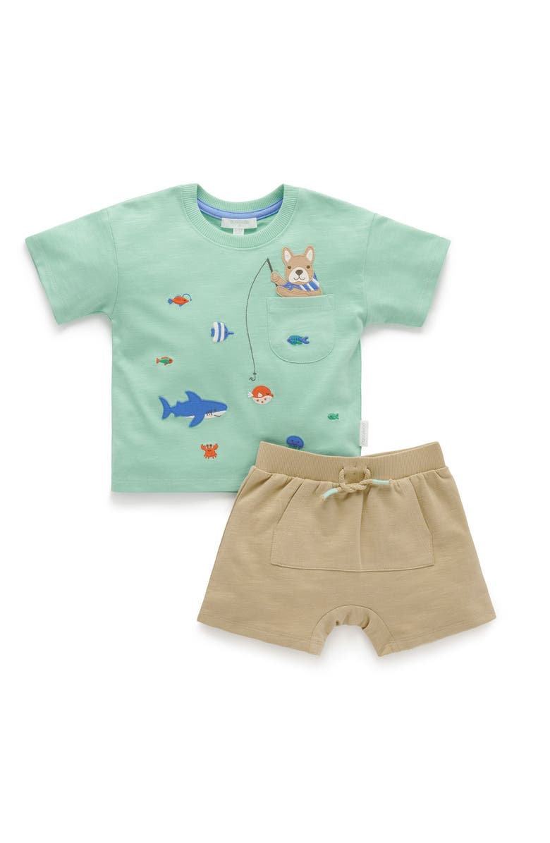 Purebaby Catching a Shark Tee & Short Set, Main, color, Mint