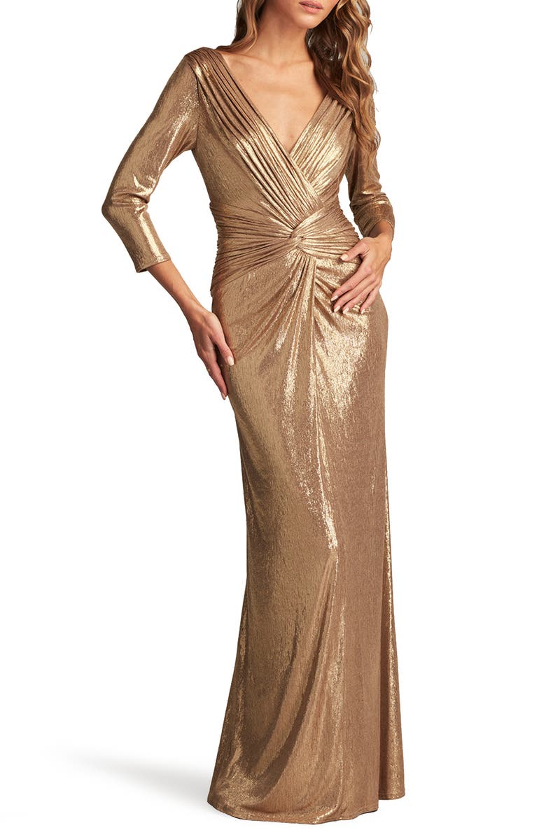 Tadashi Shoji Twist Front Metallic Long Sleeve Gown, Alternate, color, 