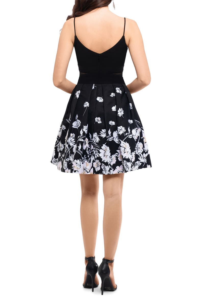Xscape Mesh Inset Print Pleated Party Dress, Alternate, color, BLACK/ IVORY