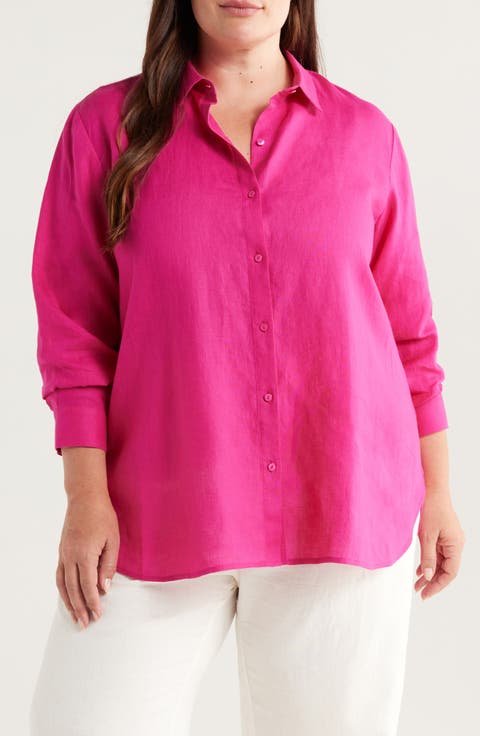 Classic Collar Organic Linen Button-Up Shirt (Plus)