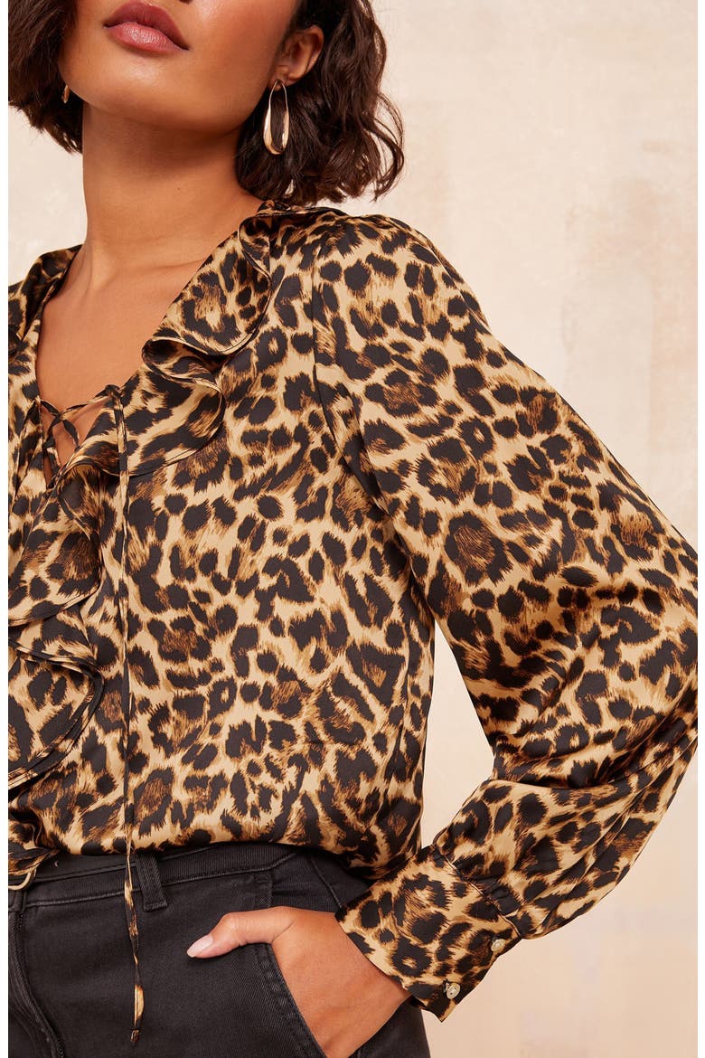 Leopard Print Ruffle Lace-Up Top, Alternate, color, NEUTRAL