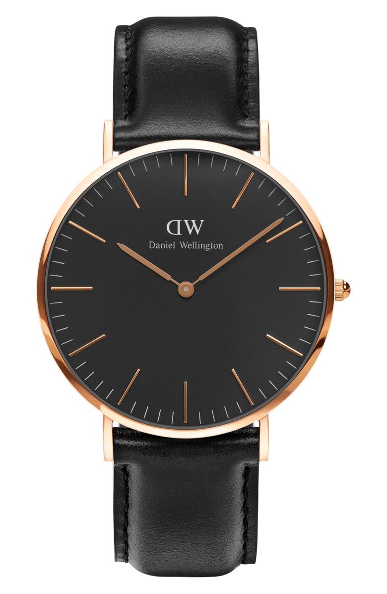 Daniel Wellington Classic Sheffield Leather Strap Watch, 40mm, Main, color, Black/ Rose Gold