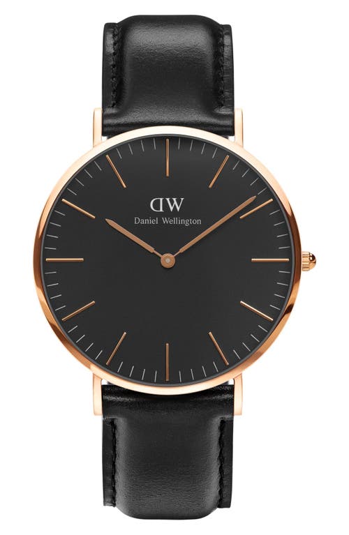 Daniel Wellington Classic Sheffield Leather Strap Watch, 40mm in Black/Rose Gold at Nordstrom