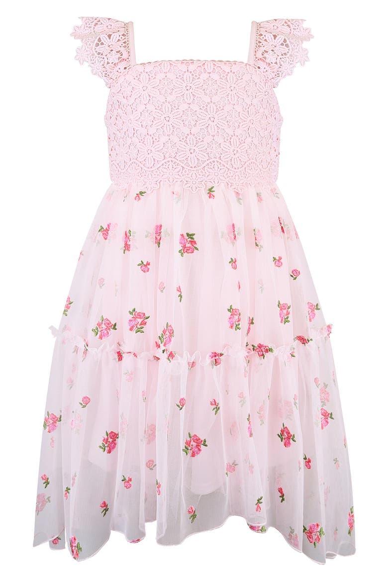 Kids' Crochet Bodice Embroidered Mesh Hi-Low Dress, Main, color, PINK