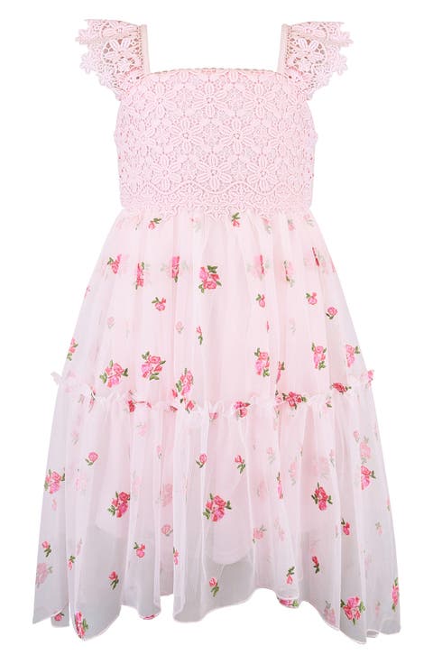 Kids' Crochet Bodice Embroidered Mesh Hi-Low Dress