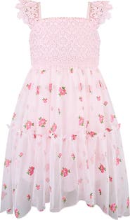 Zunie Kids' Crochet Bodice Embroidered Mesh Hi-Low Dress