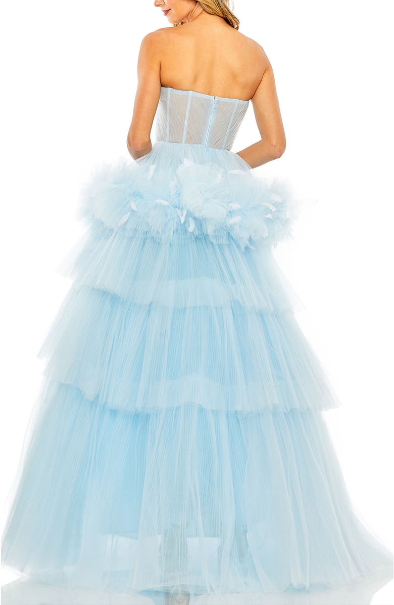 Mac Duggal Feather-Trimmed Tulle Ballgown with Sweetheart Neck and Tiered Skirt, Alternate, color, Ice Blue